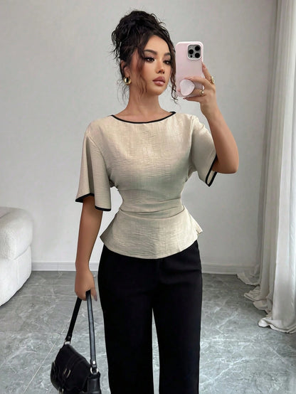 Siren Gaze Women's Contrast Trim Waist Short Sleeve Shirt,Minimalist French Color-Blocked Summer Tops,Black And Beige,Casual,Elegant,Office,Teachers' Day