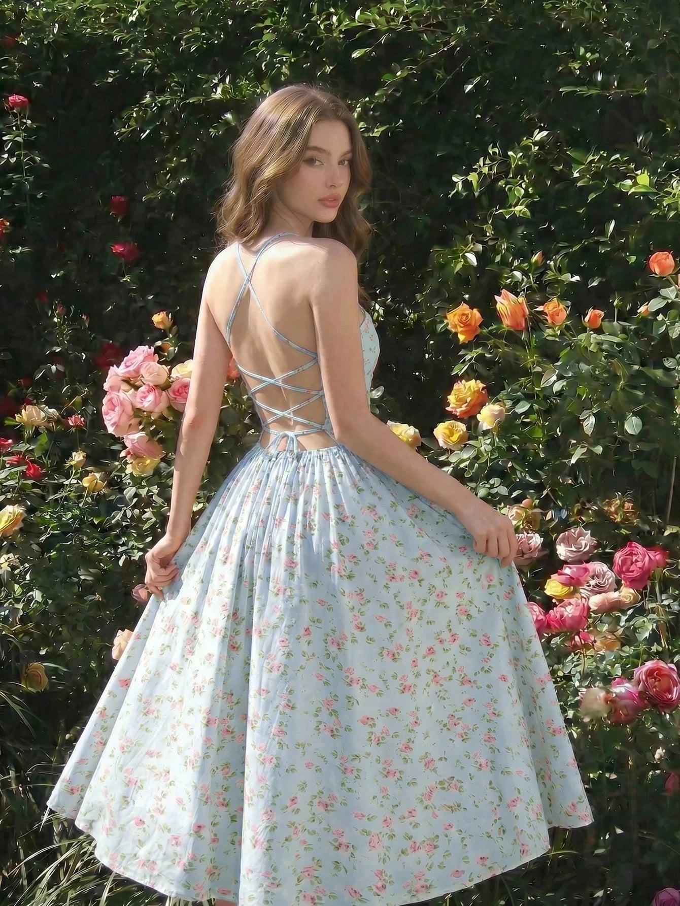 Skyraze Backless Lace-Up Fitted Floral Midi Dress Vacation Light Blue Floral Floral Summer Cottagecore Modest Casual Party Vacation