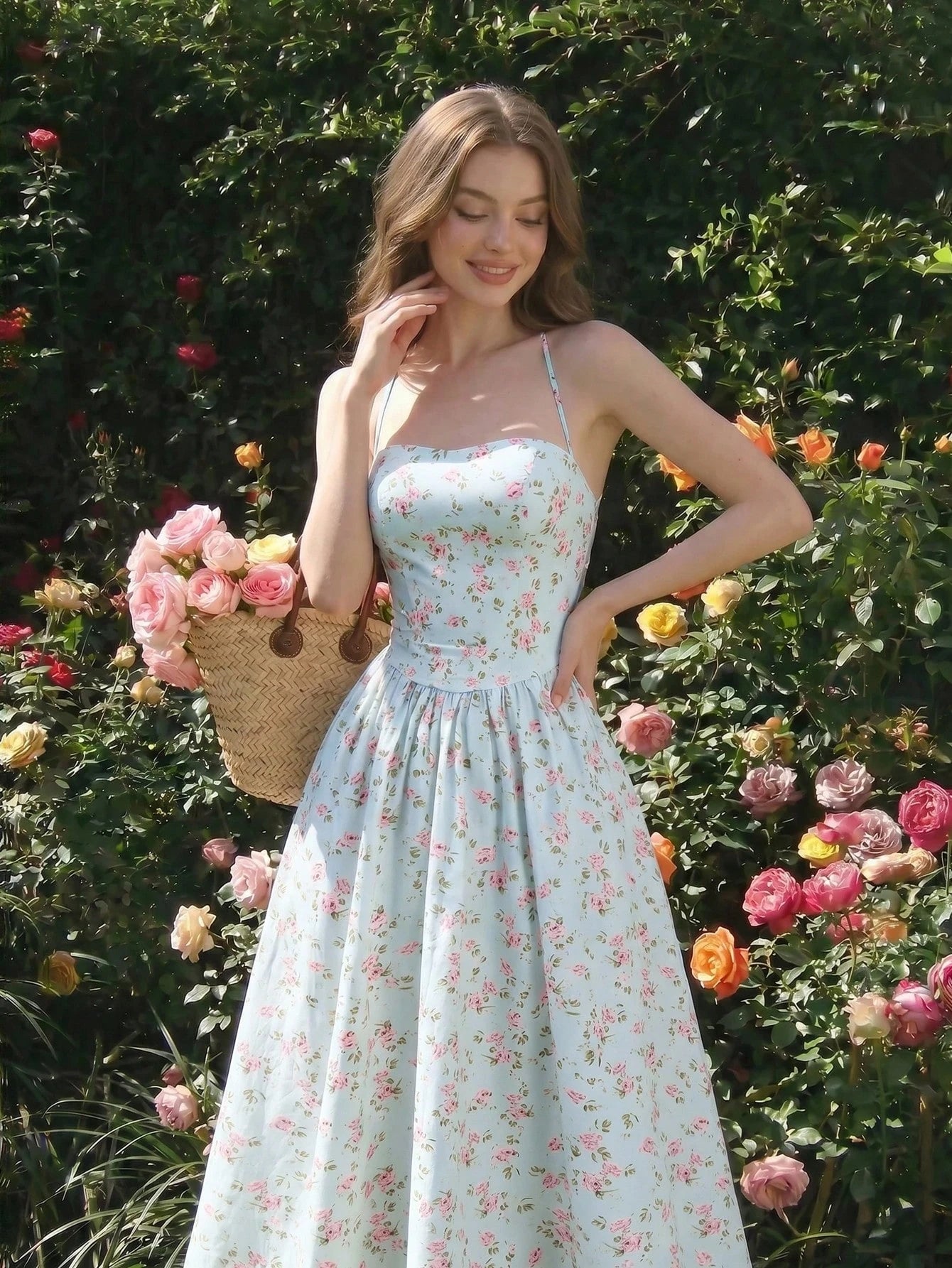 Skyraze Backless Lace-Up Fitted Floral Midi Dress Vacation Light Blue Floral Floral Summer Cottagecore Modest Casual Party Vacation