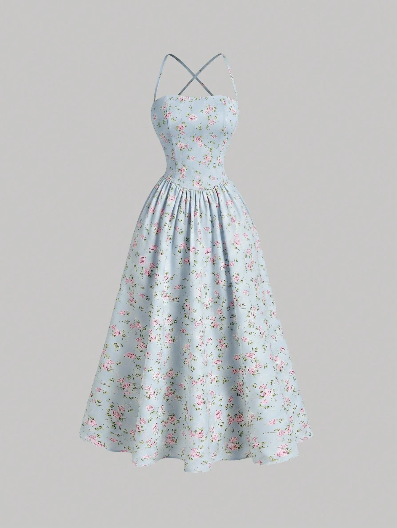 Skyraze Backless Lace-Up Fitted Floral Midi Dress Vacation Light Blue Floral Floral Summer Cottagecore Modest Casual Party Vacation