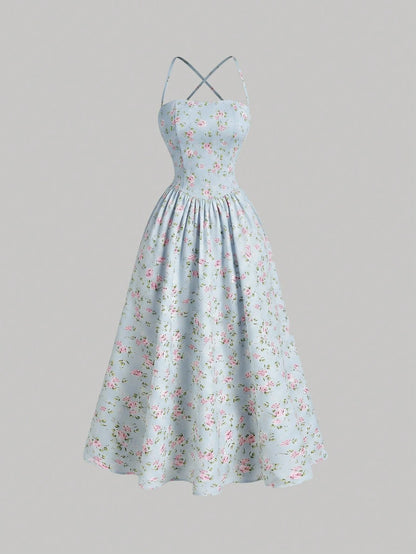 Skyraze Backless Lace-Up Fitted Floral Midi Dress Vacation Light Blue Floral Floral Summer Cottagecore Modest Casual Party Vacation