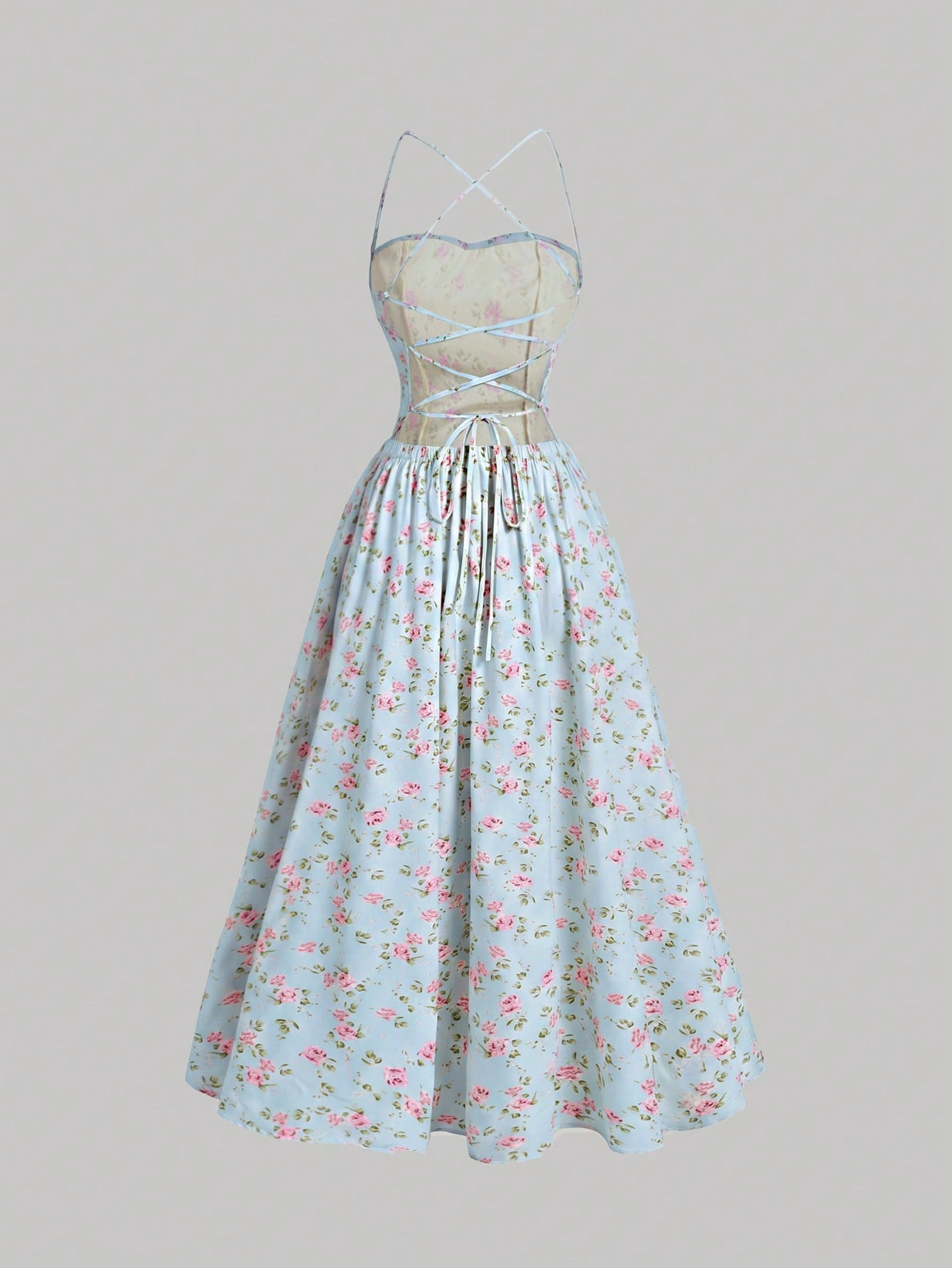 Skyraze Backless Lace-Up Fitted Floral Midi Dress Vacation Light Blue Floral Floral Summer Cottagecore Modest Casual Party Vacation
