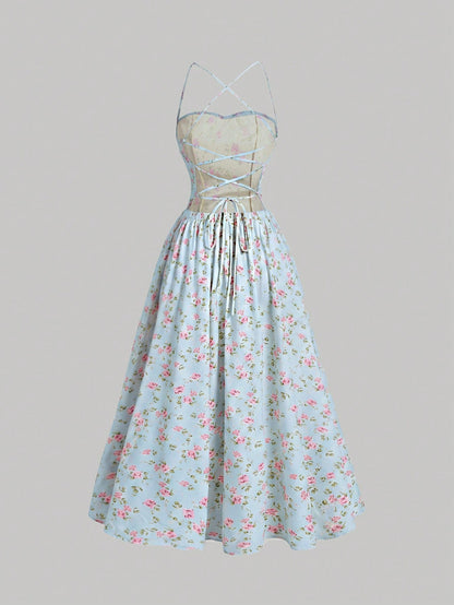 Skyraze Backless Lace-Up Fitted Floral Midi Dress Vacation Light Blue Floral Floral Summer Cottagecore Modest Casual Party Vacation