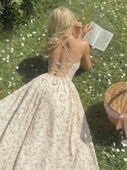 Skyraze Backless Lace-Up Fitted Floral Midi Dress Vacation Light Blue Floral Floral Summer Cottagecore Modest Casual Party Vacation