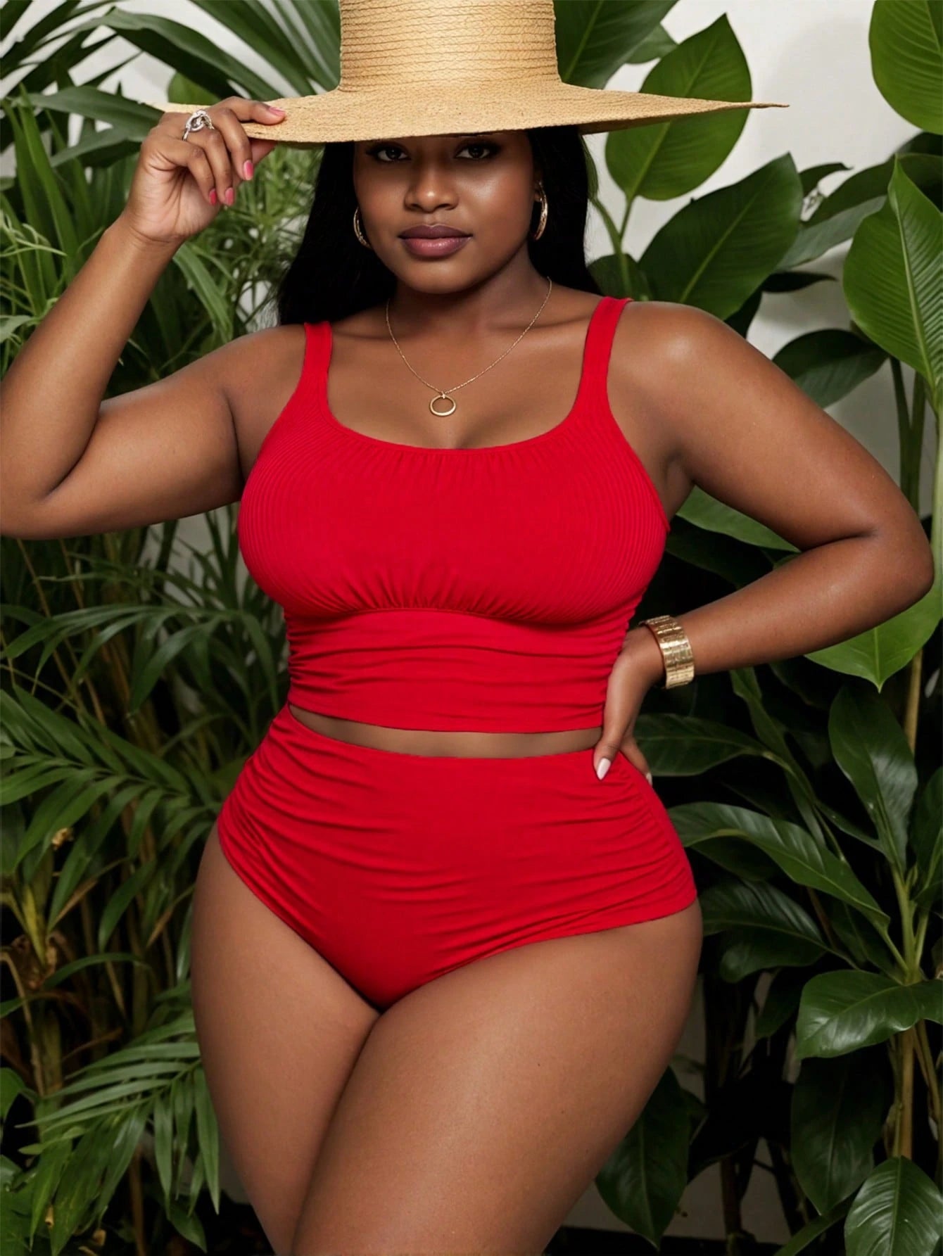 Slaydiva 2-Piece Plain Color Plus Size Tankini Set For Women Summer