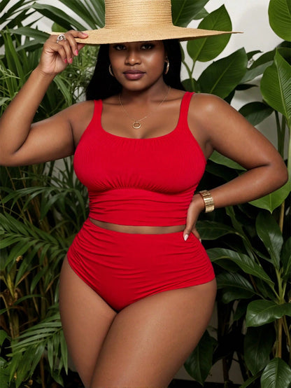 Slaydiva 2-Piece Plain Color Plus Size Tankini Set For Women Summer