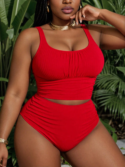 Slaydiva 2-Piece Plain Color Plus Size Tankini Set For Women Summer