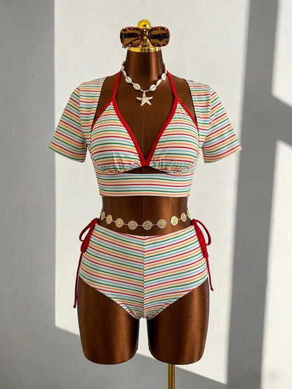 Slaydiva 2026 New Plus Size Rainbow Striped Special Fabric Halter Neck Triangle Bikini Top With Underbust Tunnel Drawstring And Side Tie Triangle Bottoms, Paired With Front Cutout Short Sleeve Top And
