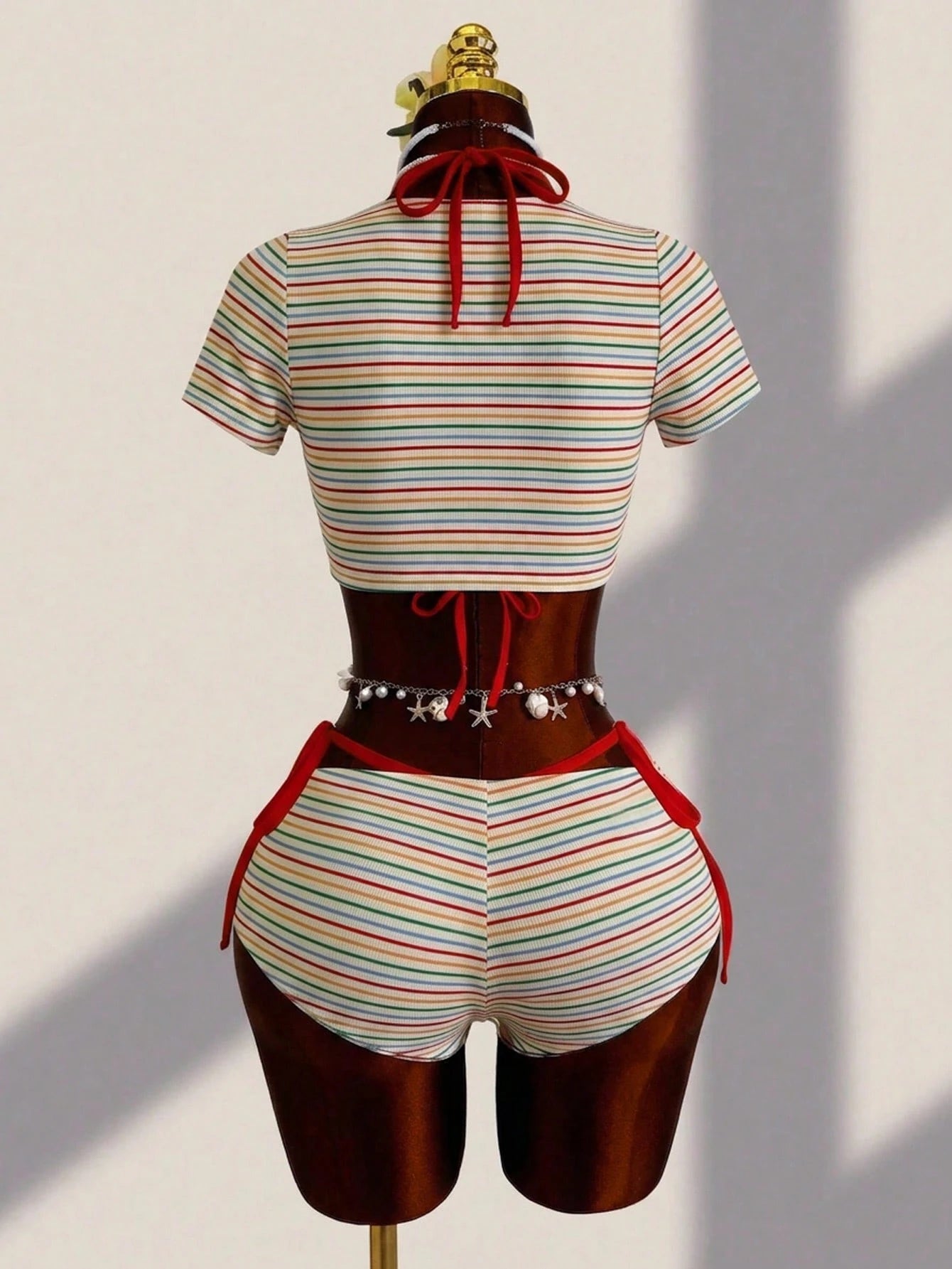 Slaydiva 2026 New Plus Size Rainbow Striped Special Fabric Halter Neck Triangle Bikini Top With Underbust Tunnel Drawstring And Side Tie Triangle Bottoms, Paired With Front Cutout Short Sleeve Top And