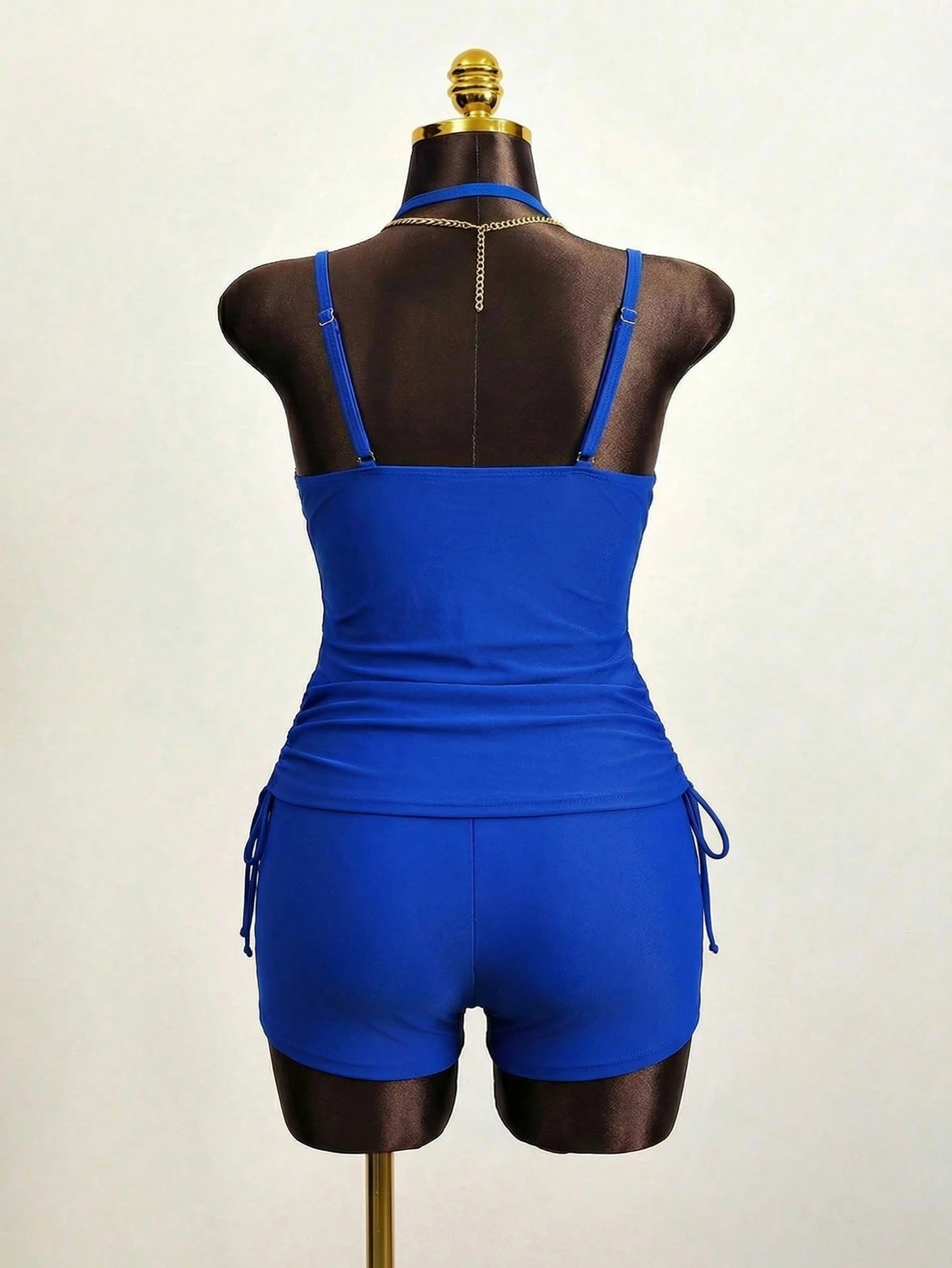 Slaydiva 2026 New Plus Size Women 2 Piece Set Navy Solid Deep V Crisscross Ruched Top And High Waist Shorts Beach Vacation Outfit