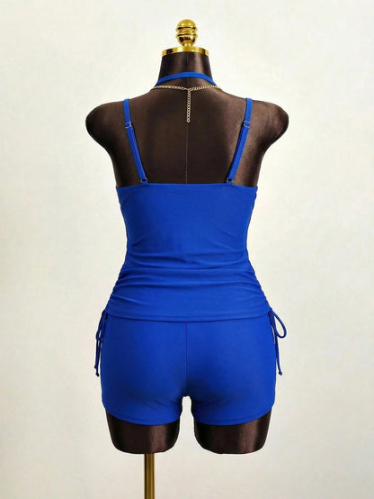 Slaydiva 2026 New Plus Size Women 2 Piece Set Navy Solid Deep V Crisscross Ruched Top And High Waist Shorts Beach Vacation Outfit