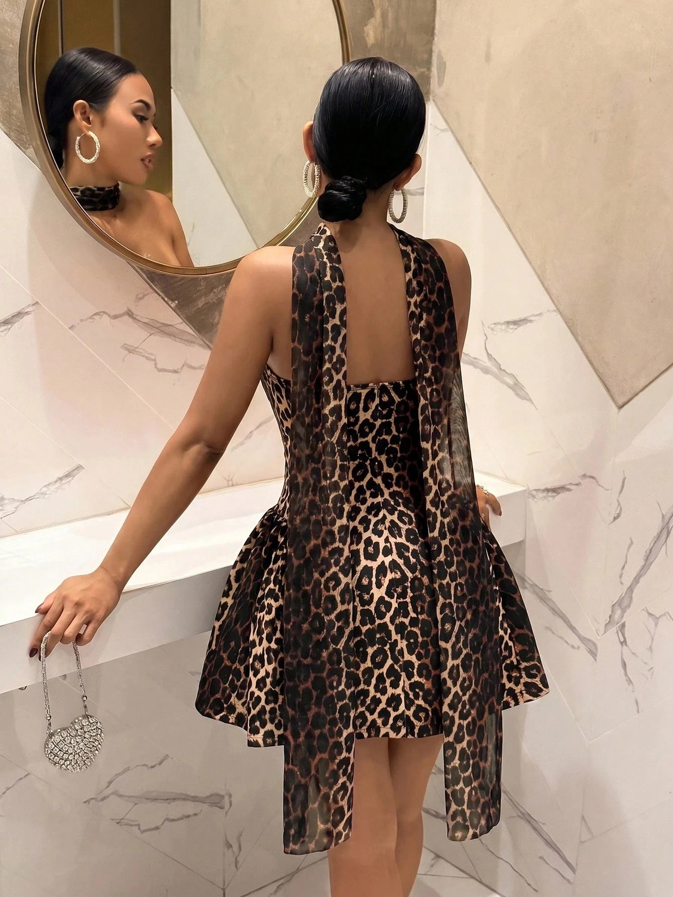 Slaydiva Leopard Print Women's Mini Dress,Brown,Summer,70s,Party Club Night Out,Neck Ribbon,Strapless,A-Line Princess Dress,French Style,Cocktail Wedding Sexy