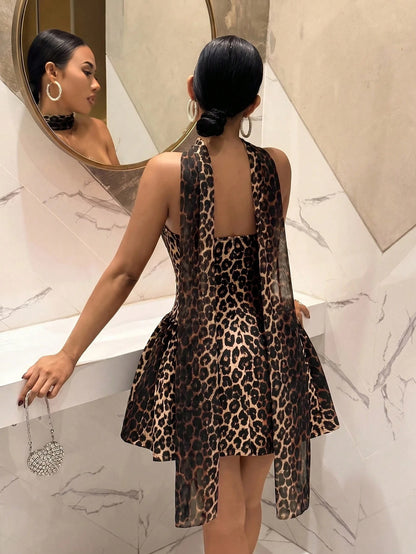 Slaydiva Leopard Print Women's Mini Dress,Brown,Summer,70s,Party Club Night Out,Neck Ribbon,Strapless,A-Line Princess Dress,French Style,Cocktail Wedding Sexy