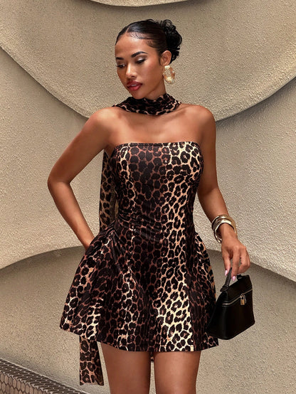 Slaydiva Leopard Print Women's Mini Dress,Brown,Summer,70s,Party Club Night Out,Neck Ribbon,Strapless,A-Line Princess Dress,French Style,Cocktail Wedding Sexy