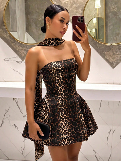 Slaydiva Leopard Print Women's Mini Dress,Brown,Summer,70s,Party Club Night Out,Neck Ribbon,Strapless,A-Line Princess Dress,French Style,Cocktail Wedding Sexy