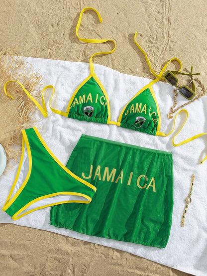 Slaydiva New Plus Size Women Green Letter Print Triangle Cup Bikini Set With Mesh Skirt 3-Piece Swimwear