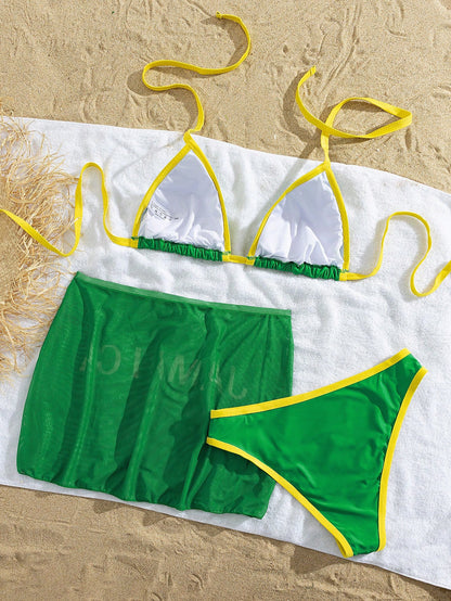 Slaydiva New Plus Size Women Green Letter Print Triangle Cup Bikini Set With Mesh Skirt 3-Piece Swimwear