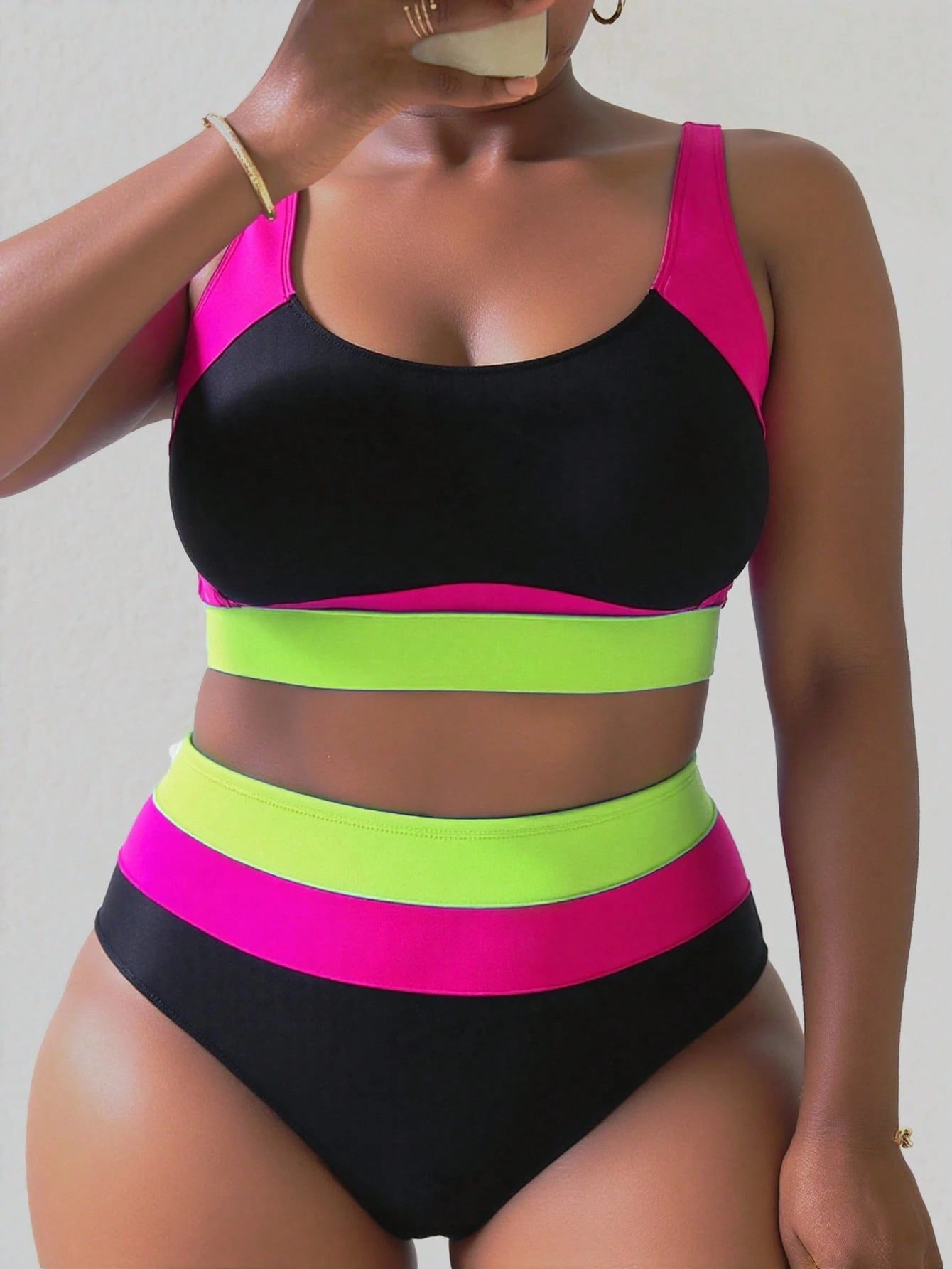 Slaydiva New Plus Size Women's Color Block Patchwork Bikini Style Two Pieces High Waist Triangle Bottom Swimsuit Set