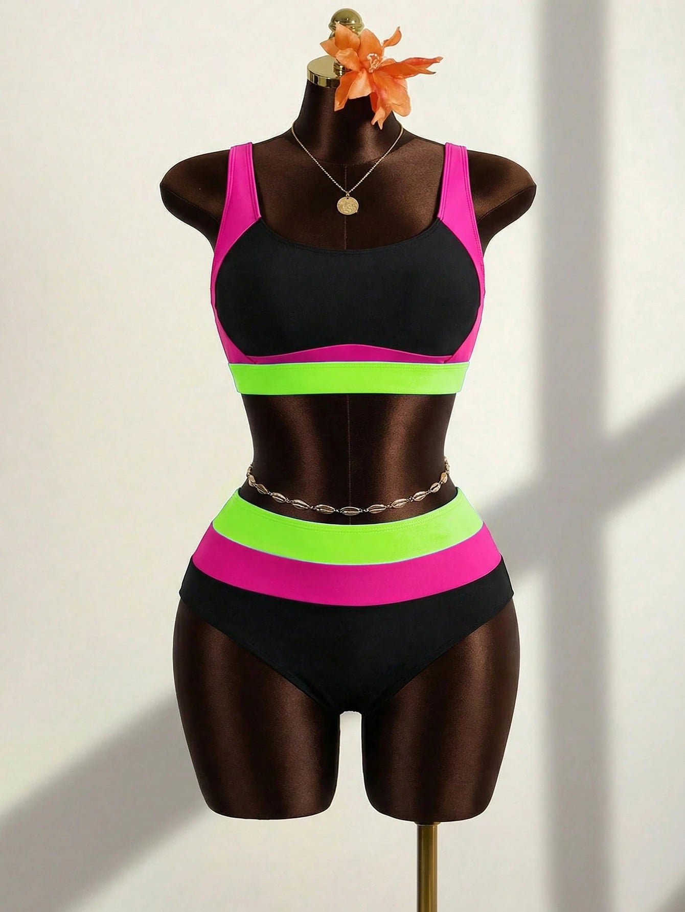 Slaydiva New Plus Size Women's Color Block Patchwork Bikini Style Two Pieces High Waist Triangle Bottom Swimsuit Set