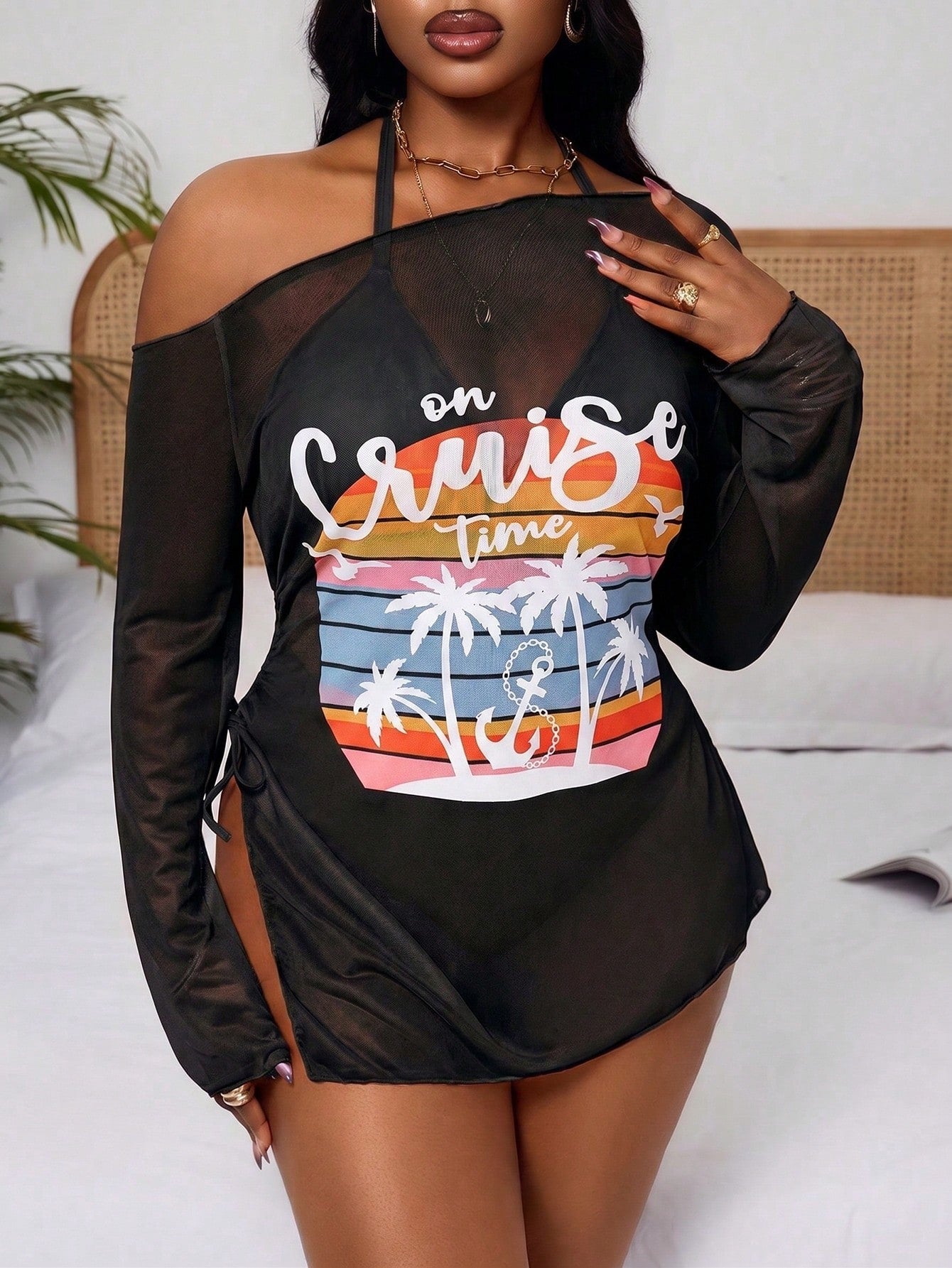 Slaydiva Plus Size 3pcs Set Coconut Tree Print Mesh Cover Up With Black Bikini Swimwear Set, Suitable For Summer Beach Vacation Filipiniana