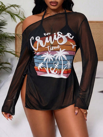 Slaydiva Plus Size 3pcs Set Coconut Tree Print Mesh Cover Up With Black Bikini Swimwear Set, Suitable For Summer Beach Vacation Filipiniana
