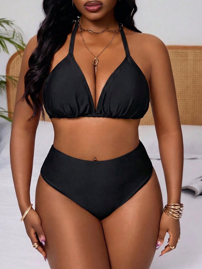 Slaydiva Plus Size 3pcs Set Coconut Tree Print Mesh Cover Up With Black Bikini Swimwear Set, Suitable For Summer Beach Vacation Filipiniana