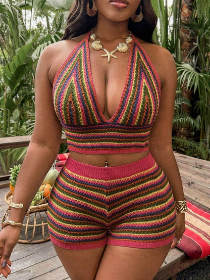 Slaydiva Plus Size Colorful Bikini Cover Up Set, Vacation Style