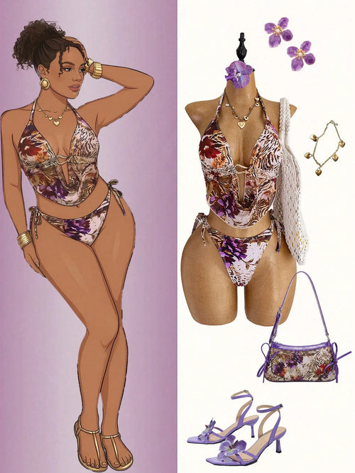 Slaydiva Plus Size Leopard & Floral Print Swimwear Set