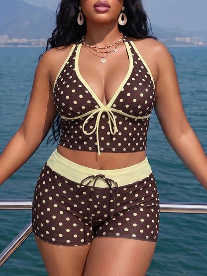 Slaydiva Plus Size Polka Dot Print Colorblock Halter Tie Tank Top And Shorts Set