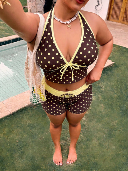 Slaydiva Plus Size Polka Dot Print Colorblock Halter Tie Tank Top And Shorts Set
