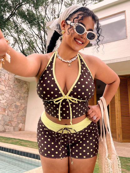 Slaydiva Plus Size Polka Dot Print Colorblock Halter Tie Tank Top And Shorts Set