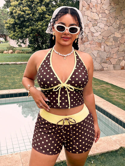 Slaydiva Plus Size Polka Dot Print Colorblock Halter Tie Tank Top And Shorts Set