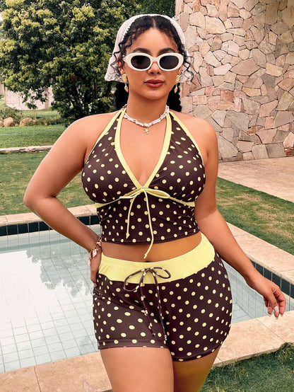 Slaydiva Plus Size Polka Dot Print Colorblock Halter Tie Tank Top And Shorts Set