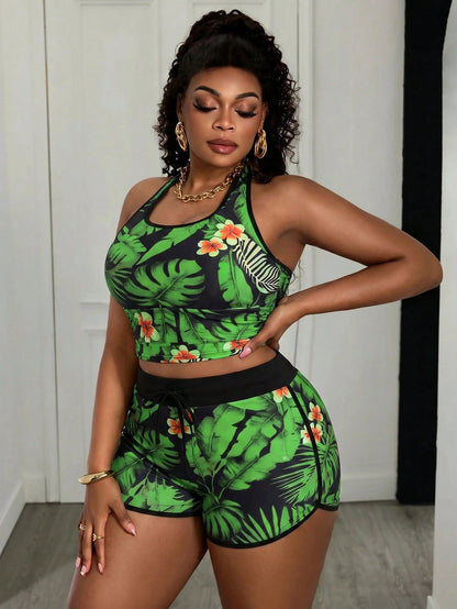 Slaydiva Plus Size Tropical Plant Print Halter Neck Tankini Top And Shorts Swimwear Set, Summer Beach Holiday
