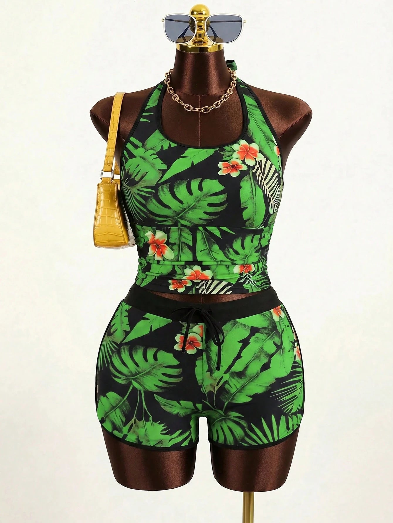 Slaydiva Plus Size Tropical Plant Print Halter Neck Tankini Top And Shorts Swimwear Set, Summer Beach Holiday