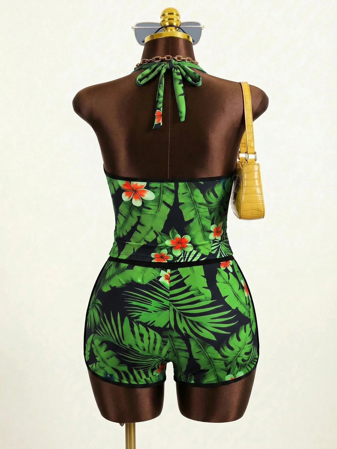 Slaydiva Plus Size Tropical Plant Print Halter Neck Tankini Top And Shorts Swimwear Set, Summer Beach Holiday