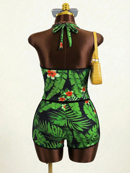 Slaydiva Plus Size Tropical Plant Print Halter Neck Tankini Top And Shorts Swimwear Set, Summer Beach Holiday