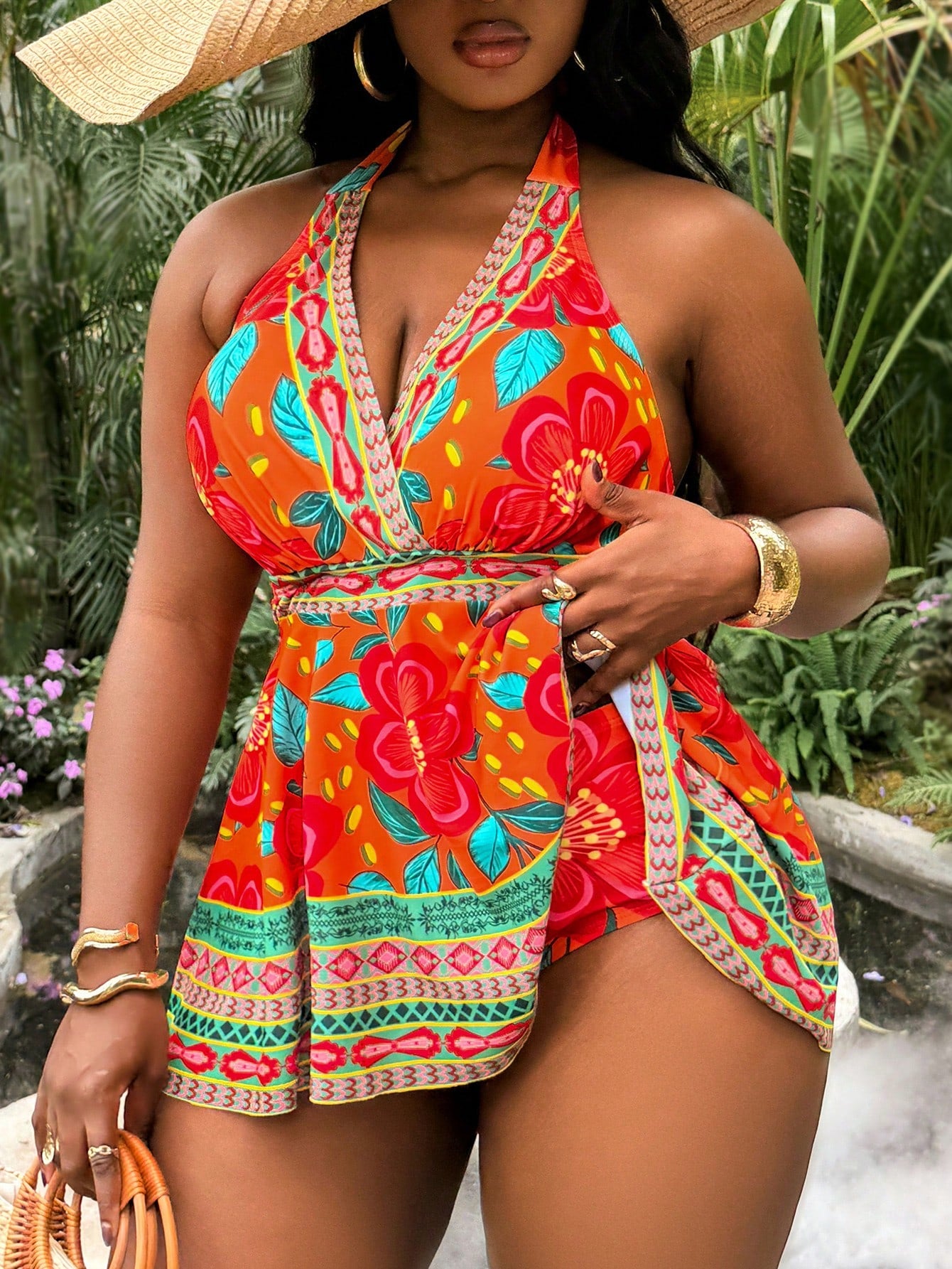 Slaydiva Plus Size Women's 2-Piece Orange Floral Print Swimsuit,Tummy Control High Waist Swimdress,Summer Boho Beach Holiday Vacation & Everyday Casual Bikini