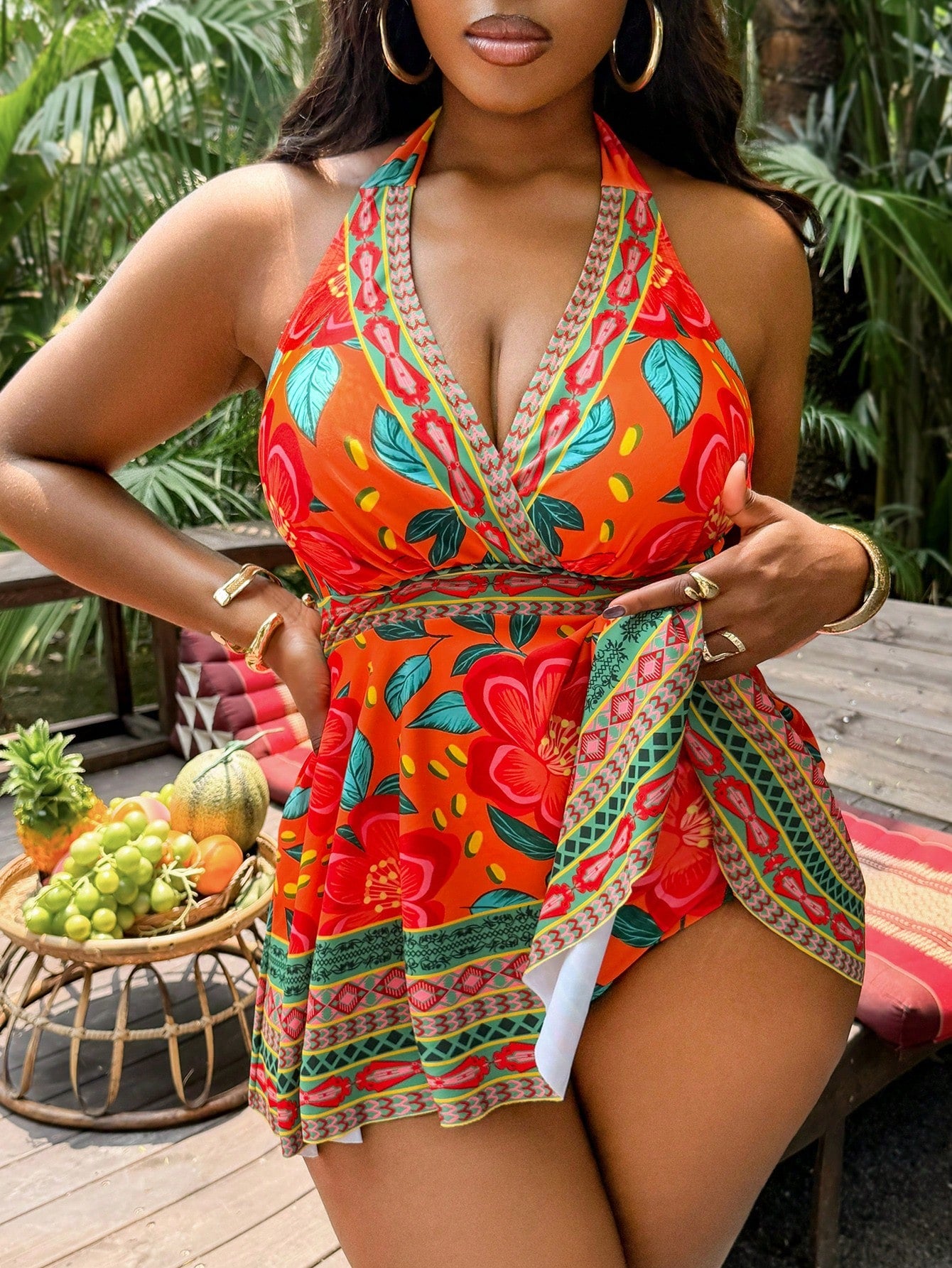 Slaydiva Plus Size Women's 2-Piece Orange Floral Print Swimsuit,Tummy Control High Waist Swimdress,Summer Boho Beach Holiday Vacation & Everyday Casual Bikini