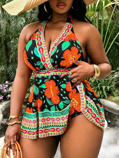 Slaydiva Plus Size Women's 2-Piece Orange Floral Print Swimsuit,Tummy Control High Waist Swimdress,Summer Boho Beach Holiday Vacation & Everyday Casual Bikini