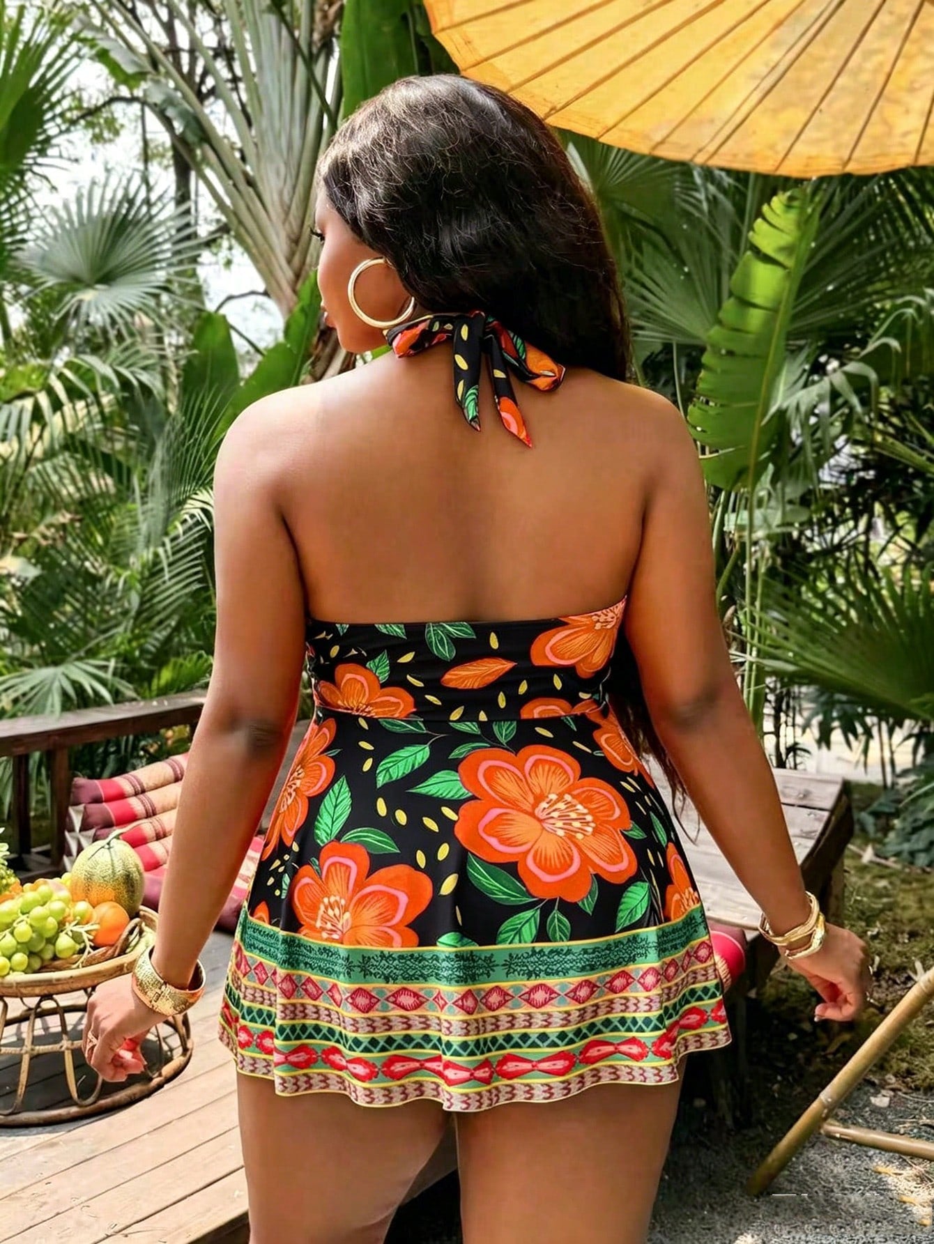 Slaydiva Plus Size Women's 2-Piece Orange Floral Print Swimsuit,Tummy Control High Waist Swimdress,Summer Boho Beach Holiday Vacation & Everyday Casual Bikini