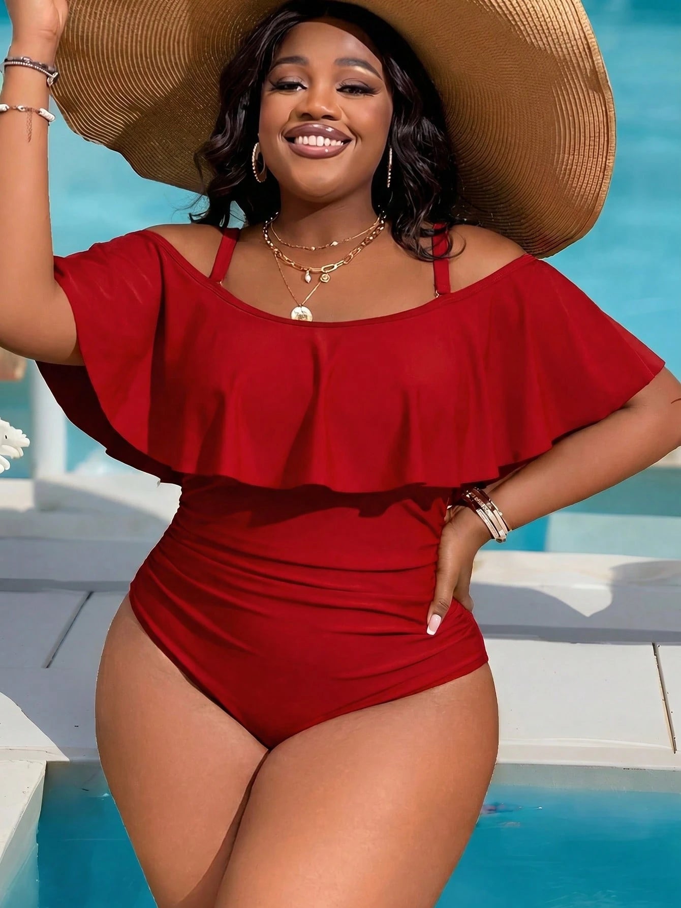 Slaydiva Plus Size Women's Ruched One-Piece Swimsuit, Suitable For Beach Vacation, Pool Party, Beach Party