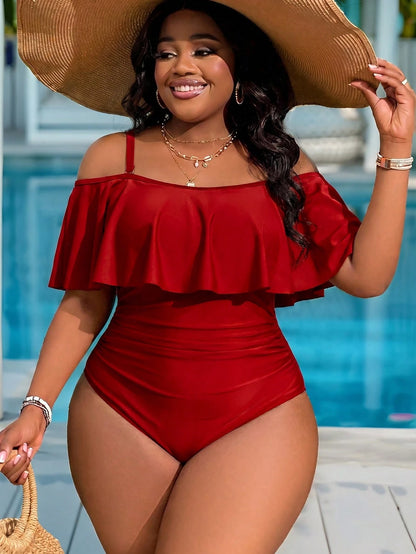 Slaydiva Plus Size Women's Ruched One-Piece Swimsuit, Suitable For Beach Vacation, Pool Party, Beach Party