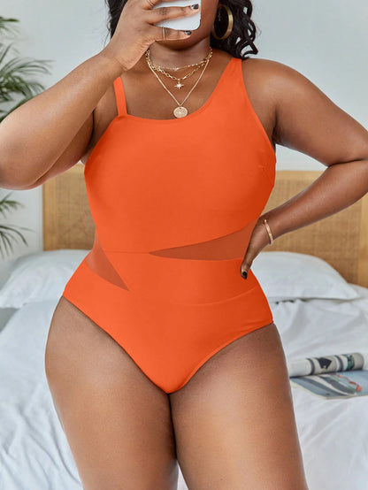 Slaydiva Plus Summer Beach Contrast Mesh One Piece Swimsuit, Bathing Suit