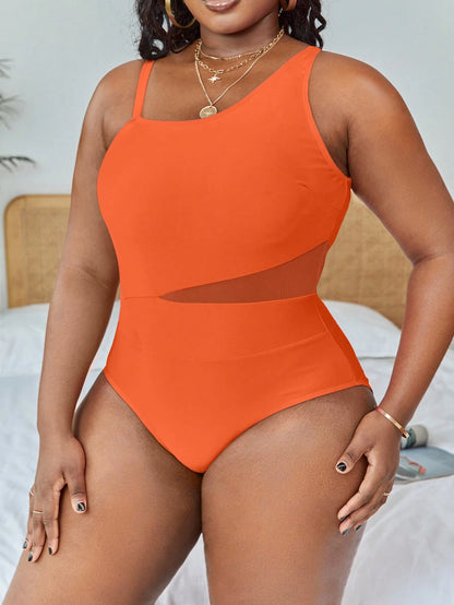Slaydiva Plus Summer Beach Contrast Mesh One Piece Swimsuit, Bathing Suit