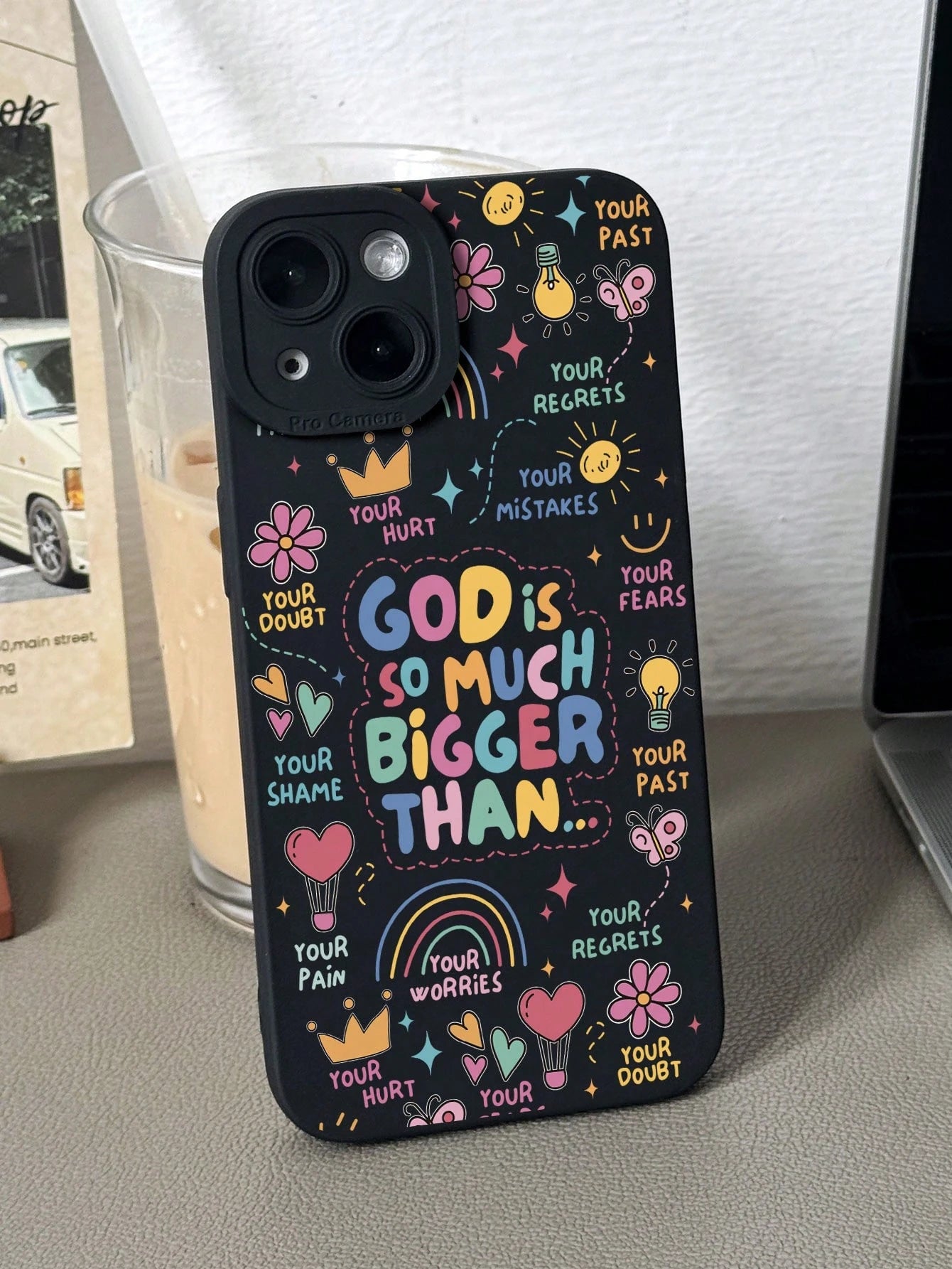 Slogan Elements Cute Black Fashion Phone Cases Shockproof 1PC Colorful Hot Air Balloon Butterfly Print Perforated Cat Eye Anti-Slip Phone Case Compatible With Iphone 11/12/13/14/15 Pro Max Waterproof