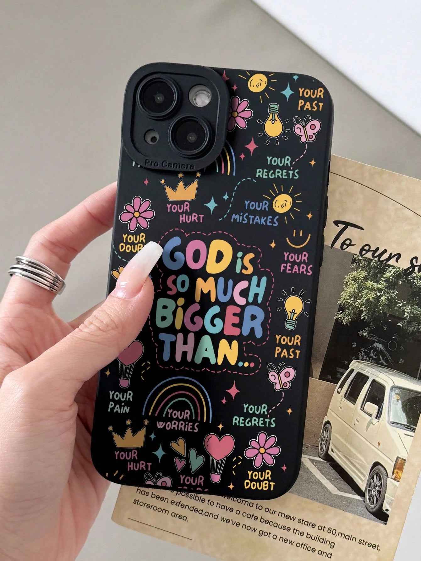 Slogan Elements Cute Black Fashion Phone Cases Shockproof 1PC Colorful Hot Air Balloon Butterfly Print Perforated Cat Eye Anti-Slip Phone Case Compatible With Iphone 11/12/13/14/15 Pro Max Waterproof