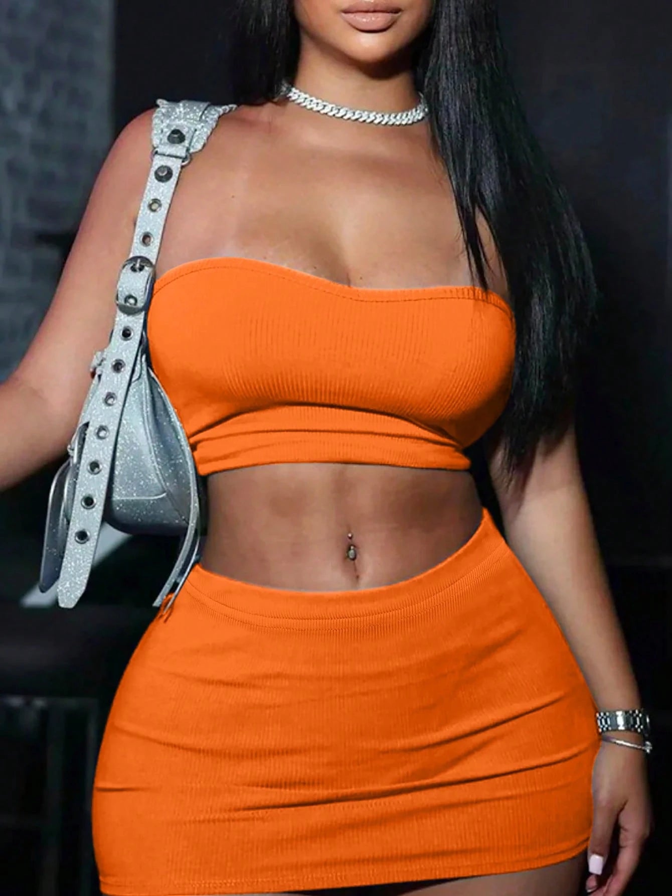 Slouenne Slouenne 2pcs/Set Women Crop Top Tube Top And Mini Skirt Set, Summer