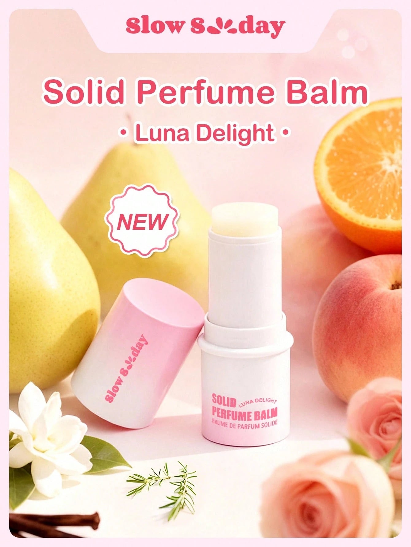 Slow Sunday Solid Perfume Balm (Luna Delight), Long-Lasting Fragrance, Mini Perfume, Sweet, Romantic & Charming, Floral Fruity, With Vanilla, Pear, Musk, Daily Commute & Vacation, Non-Alcoholic, Trav