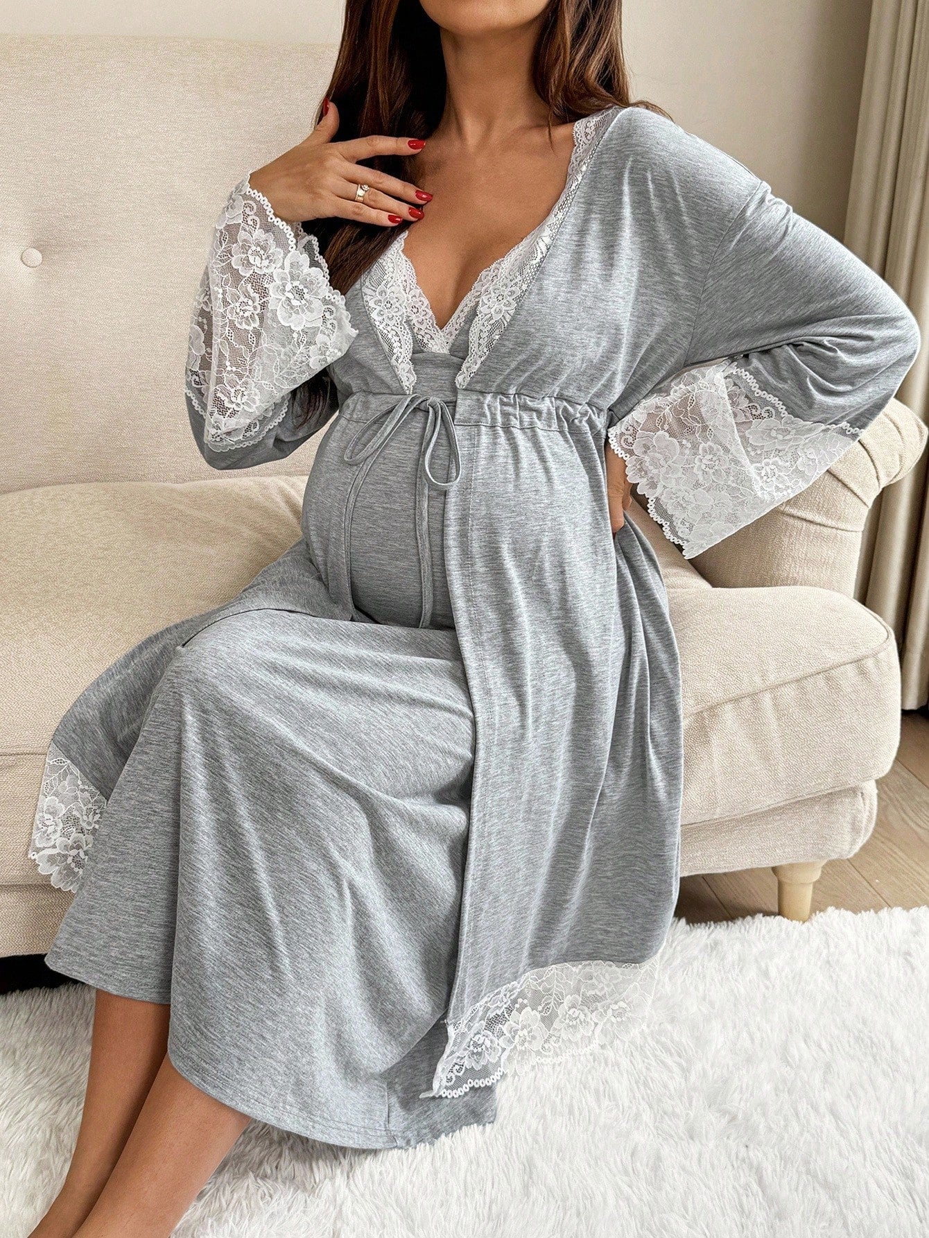 Slowluna 2pcs Maternity Contrast Lace Long Sleeve Robe And Camisole Nursing Nightgown Set Fall